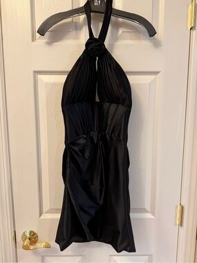 Strapless Black Halter Cocktail Dress with Rosette Detail Homecoming Dress